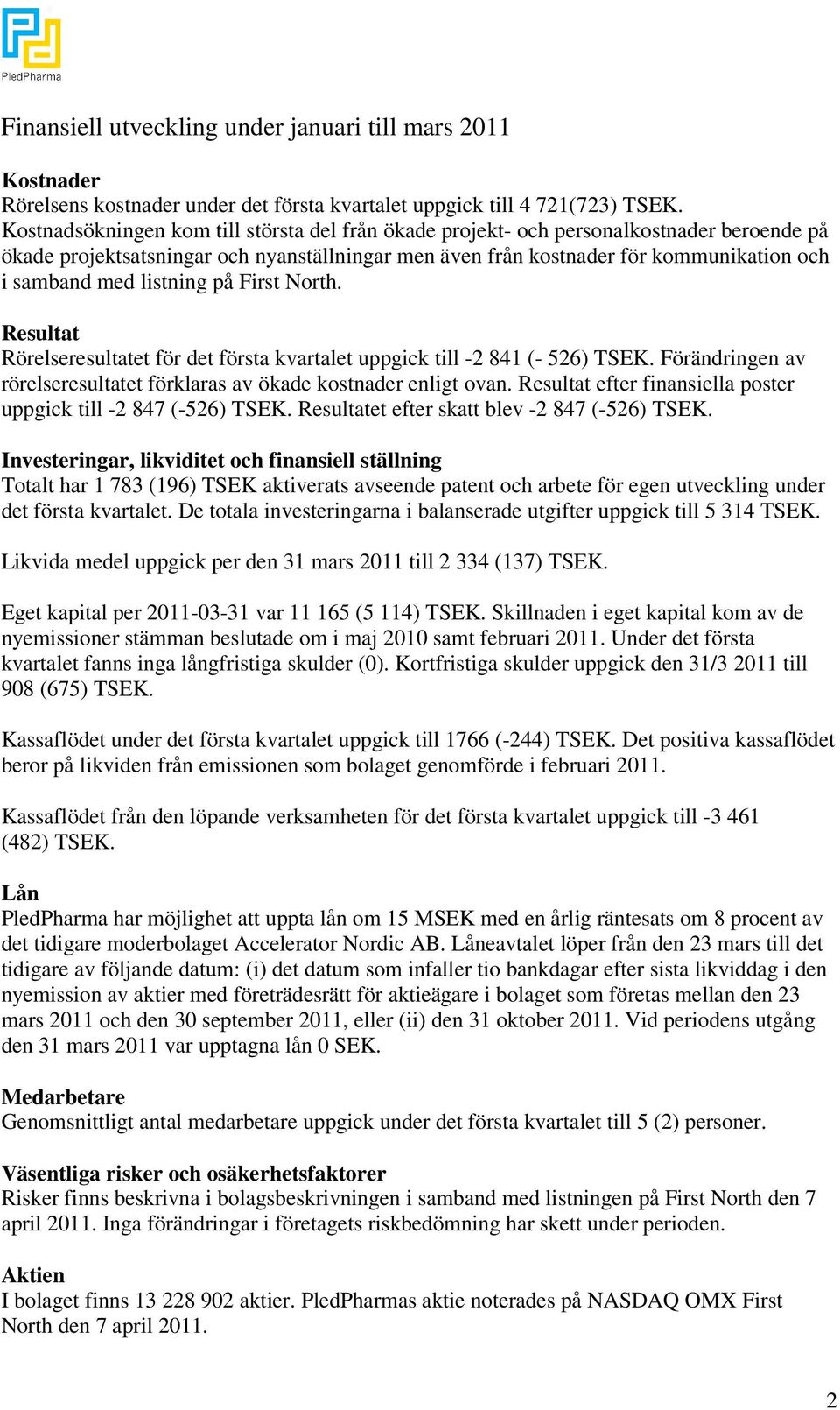 listning på First North. Resultat Rörelseresultatet för det första kvartalet uppgick till -2 841 (- 526) TSEK. Förändringen av rörelseresultatet förklaras av ökade kostnader enligt ovan.