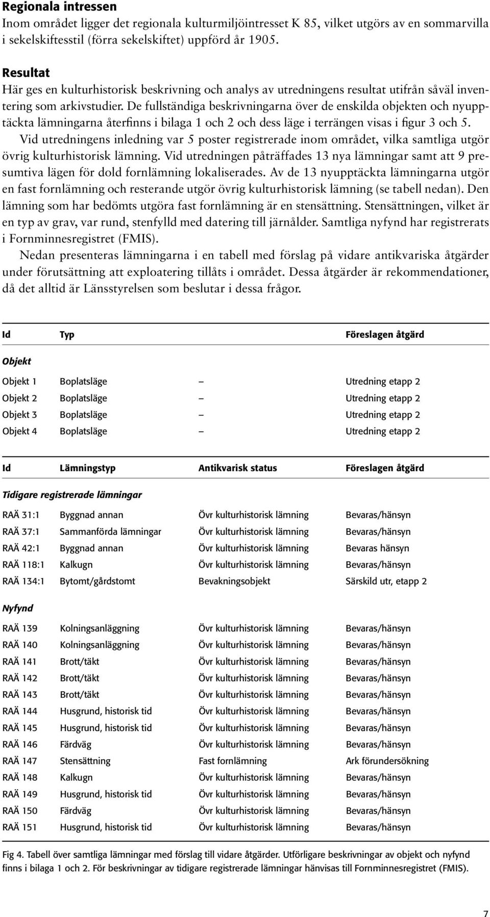 De fullständiga beskrivningarna över de enskilda objekten och nyupptäckta lämningarna återfinns i bilaga 1 och 2 och dess läge i terrängen visas i figur 3 och 5.