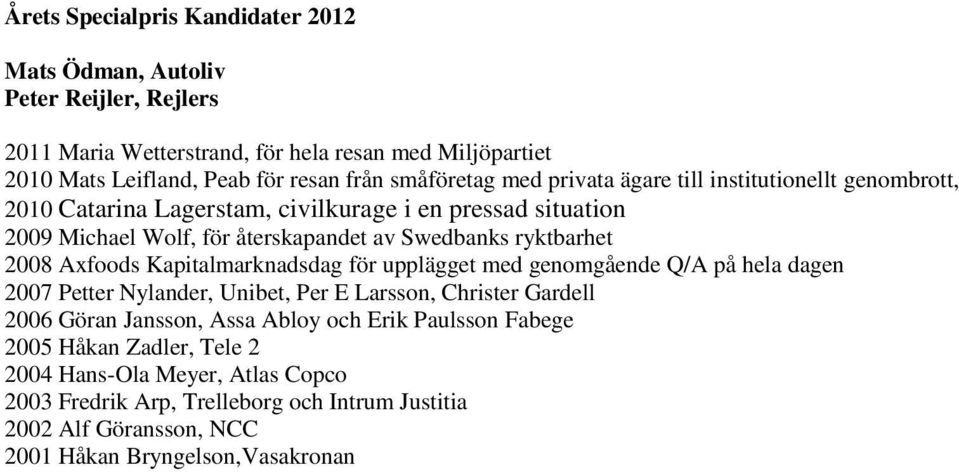 ryktbarhet 2008 Axfoods Kapitalmarknadsdag för upplägget med genomgående Q/A på hela dagen 2007 Petter Nylander, Unibet, Per E Larsson, Christer Gardell 2006 Göran Jansson, Assa