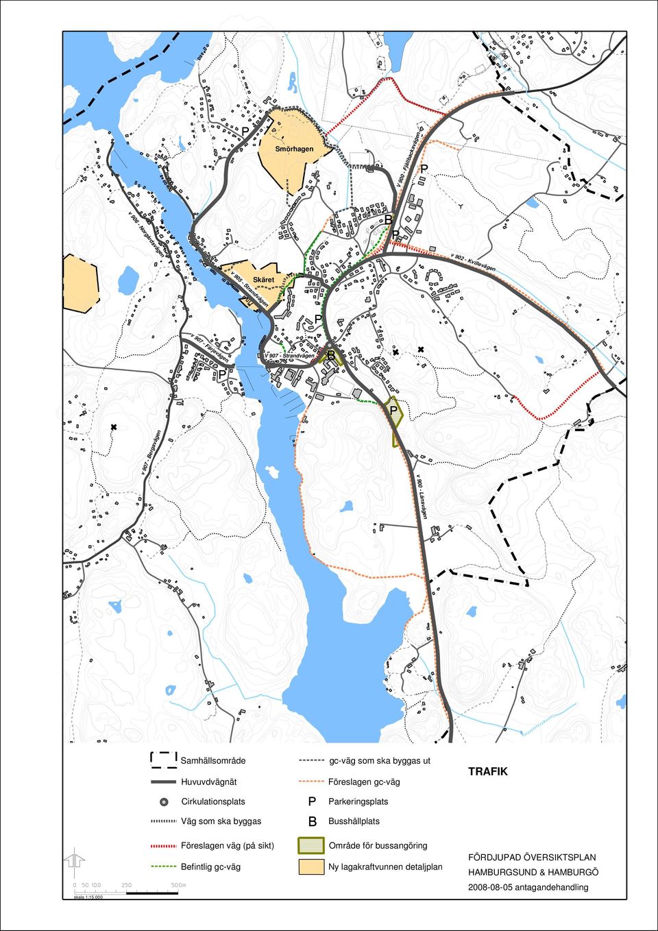 som ska byggas ut Föreslagen gc-väg Parkeringsplats Busshållplats TRAFIK skala 1:15 000 Föreslagen väg (på sikt) Befintlig