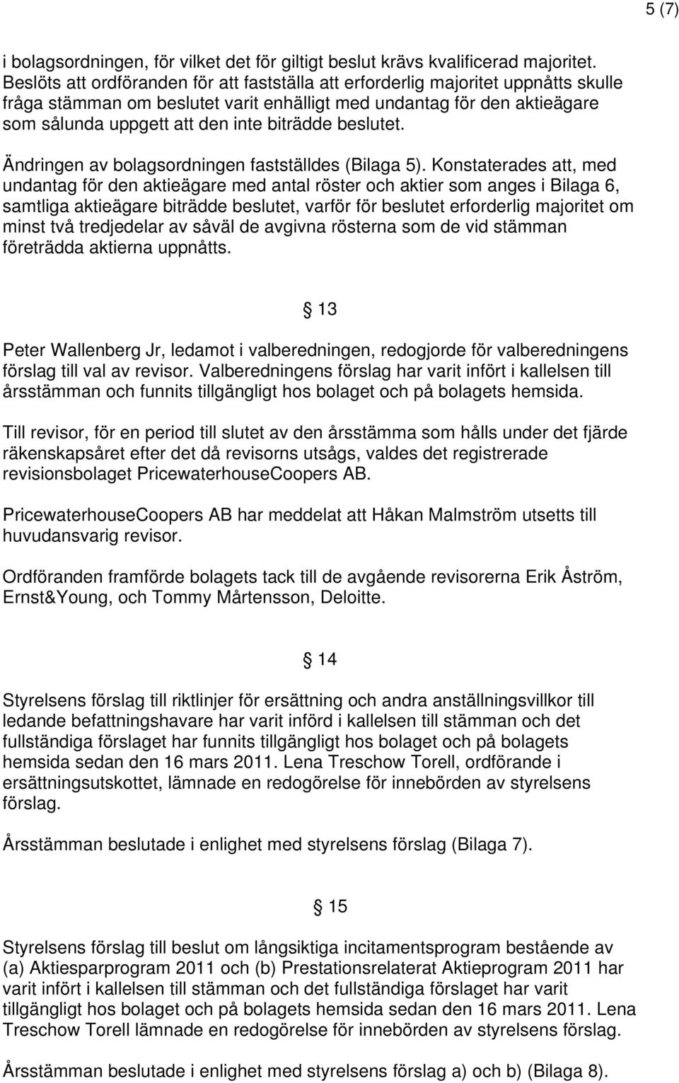 biträdde beslutet. Ändringen av bolagsordningen fastställdes (Bilaga 5).