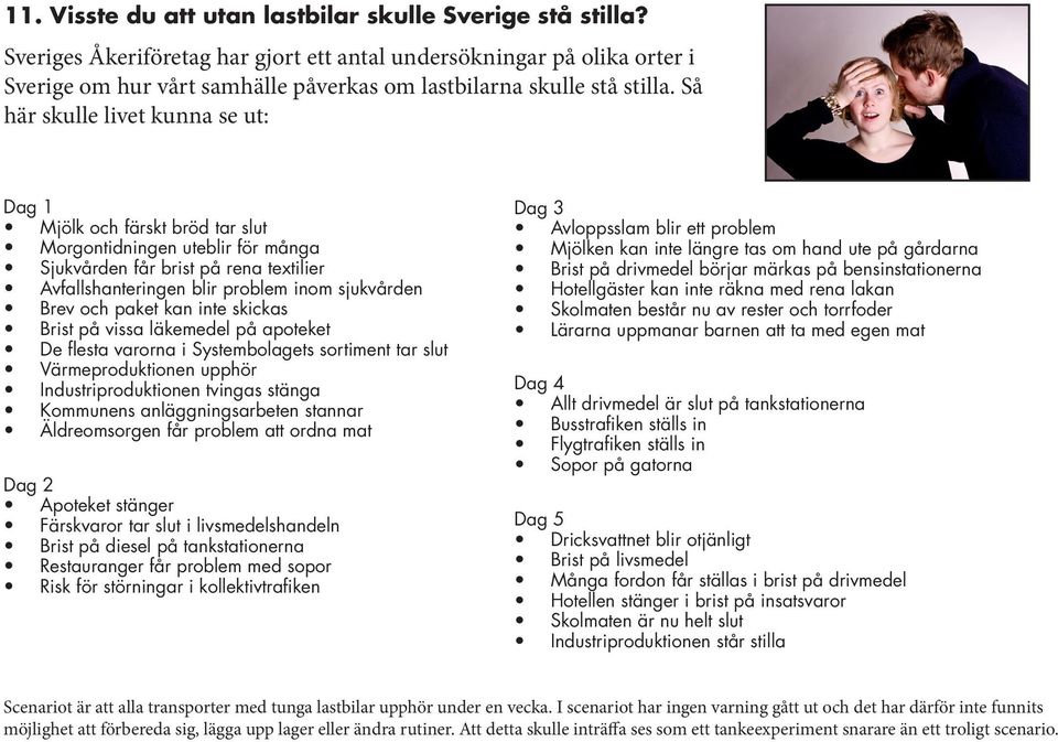 Så här skulle livet kunna se ut: Dag 1 Mjölk och färskt bröd tar slut Morgontidningen uteblir för många Sjukvården får brist på rena textilier Avfallshanteringen blir problem inom sjukvården Brev och