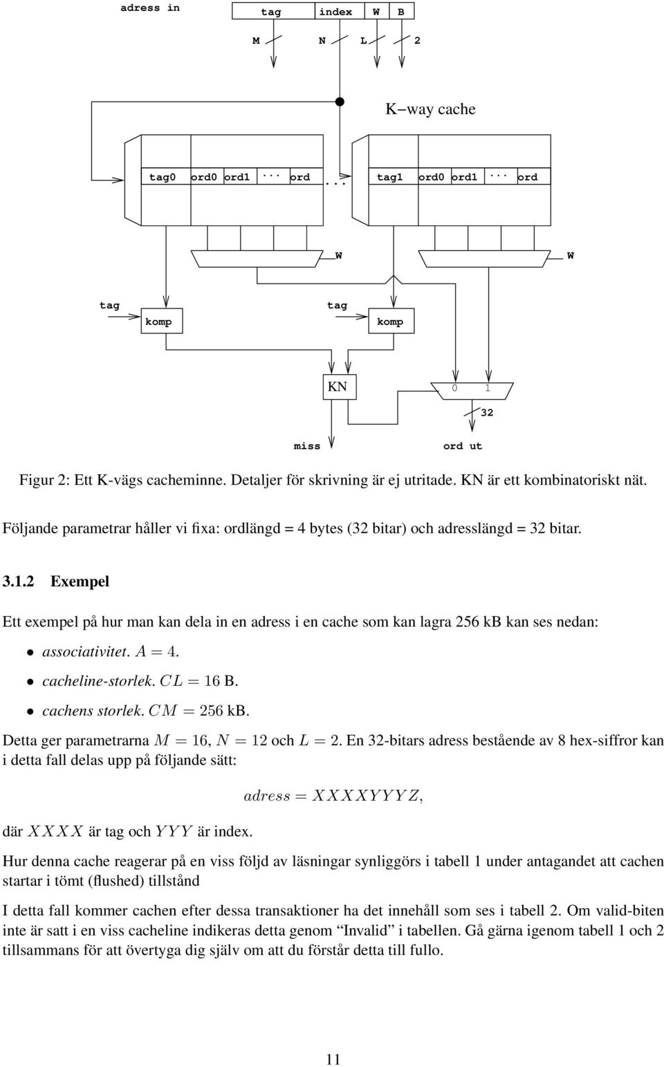 2 Exempel Ett exempel på hur man kan dela in en adress i en cache som kan lagra 256 kb kan ses nedan: associativitet. A = 4. cacheline-storlek. CL = 16 B. cachens storlek. CM = 256 kb.