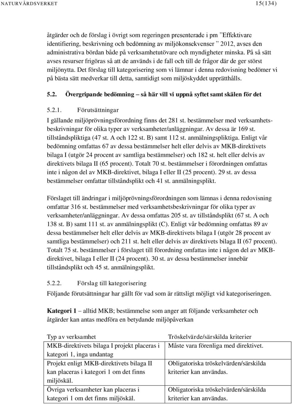 Det förslag till kategorisering som vi lämnar i denna redovisning bedömer vi på bästa sätt medverkar till detta, samtidigt som miljöskyddet upprätthålls. 5.2.
