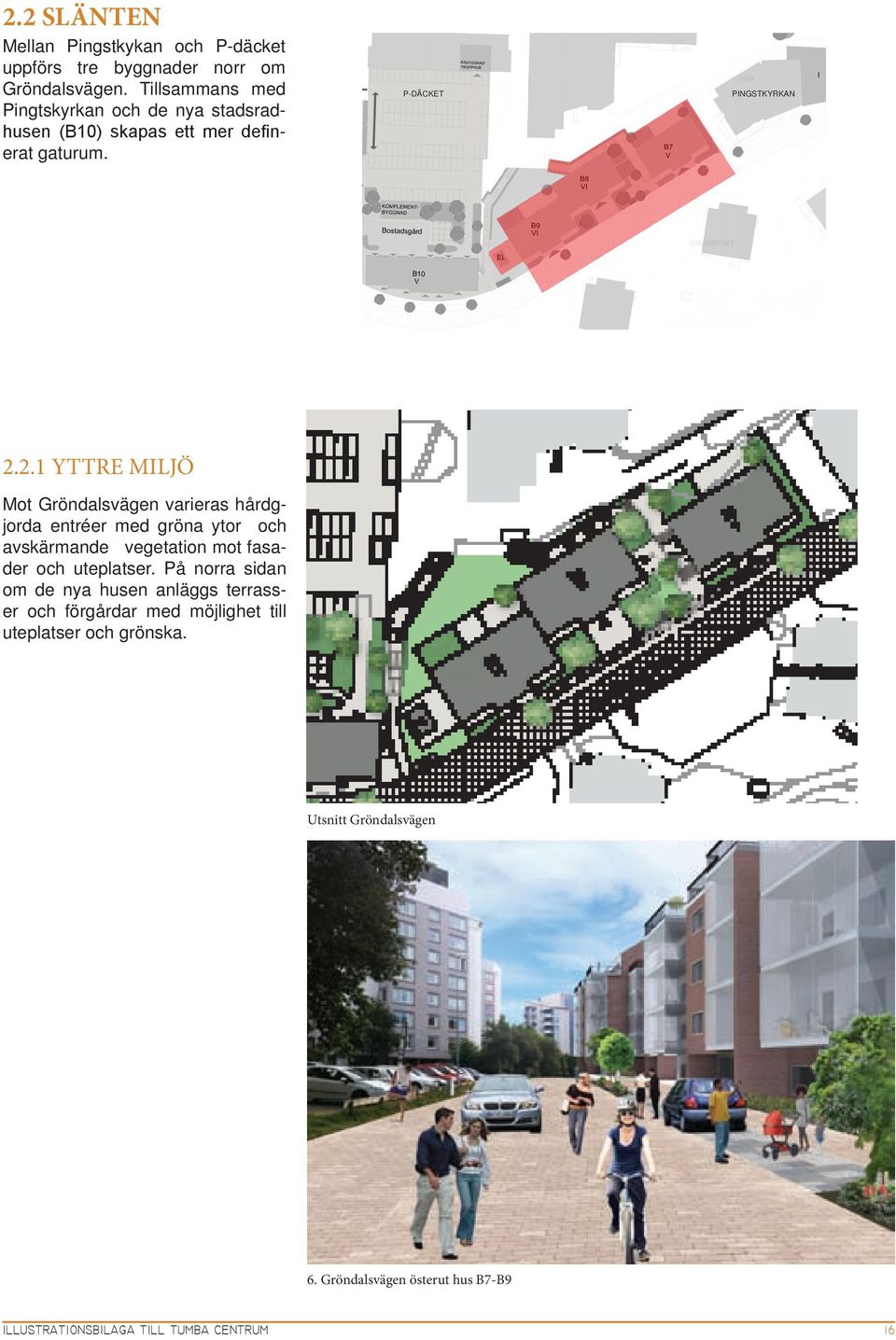 2.1 YTTRE MILJÖ Mot Gröndalsvägen varieras hårdgjorda entréer med gröna ytor och avskärmande vegetation mot fasader och uteplatser.