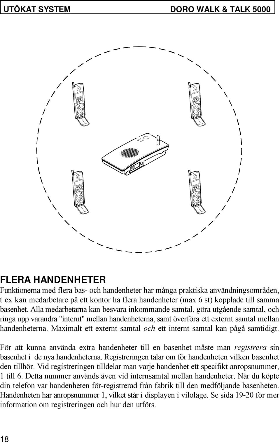 Alla medarbetarna kan besvara inkommande samtal, göra utgående samtal, och ringa upp varandra "internt" mellan handenheterna, samt överföra ett externt samtal mellan handenheterna.