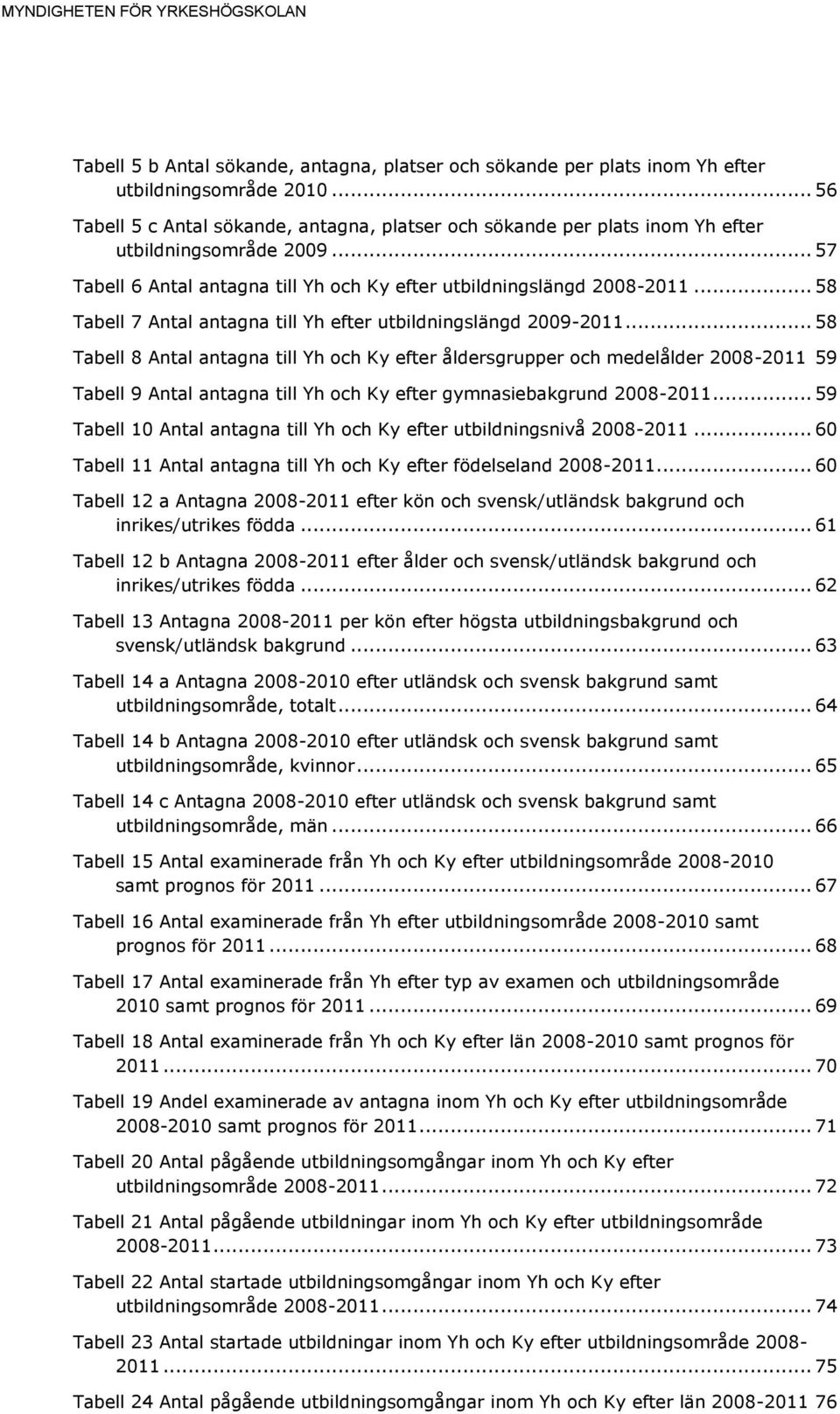 .. 58 Tabell 7 Antal antagna till Yh efter utbildningslängd 2009-2011.