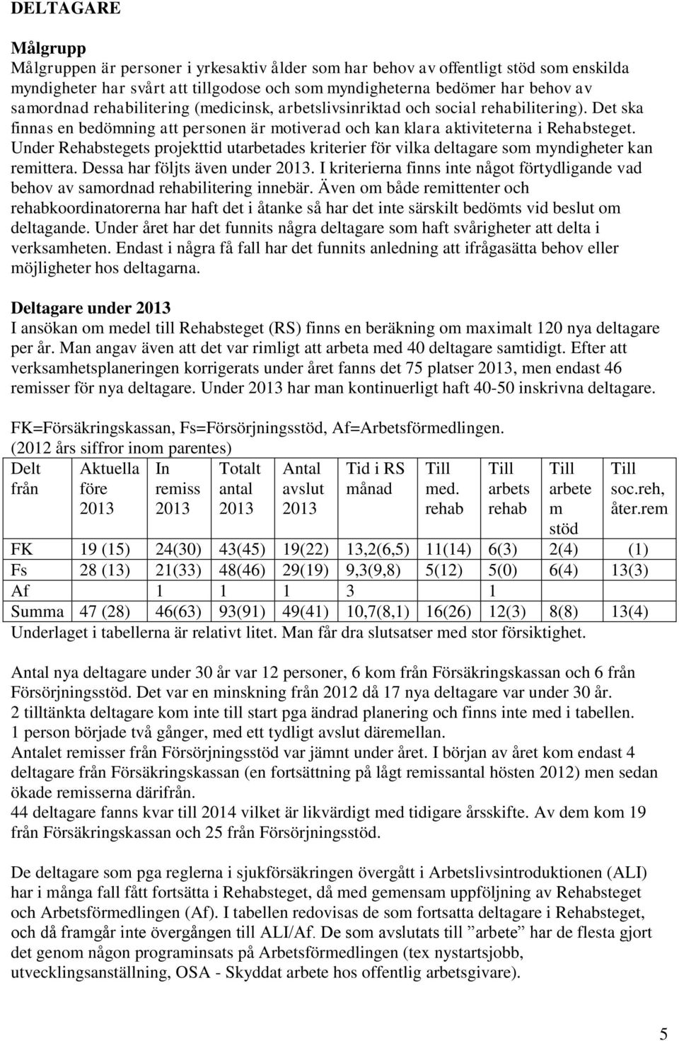 Under Rehabstegets projekttid utarbetades kriterier för vilka deltagare som myndigheter kan remittera. Dessa har följts även under 2013.