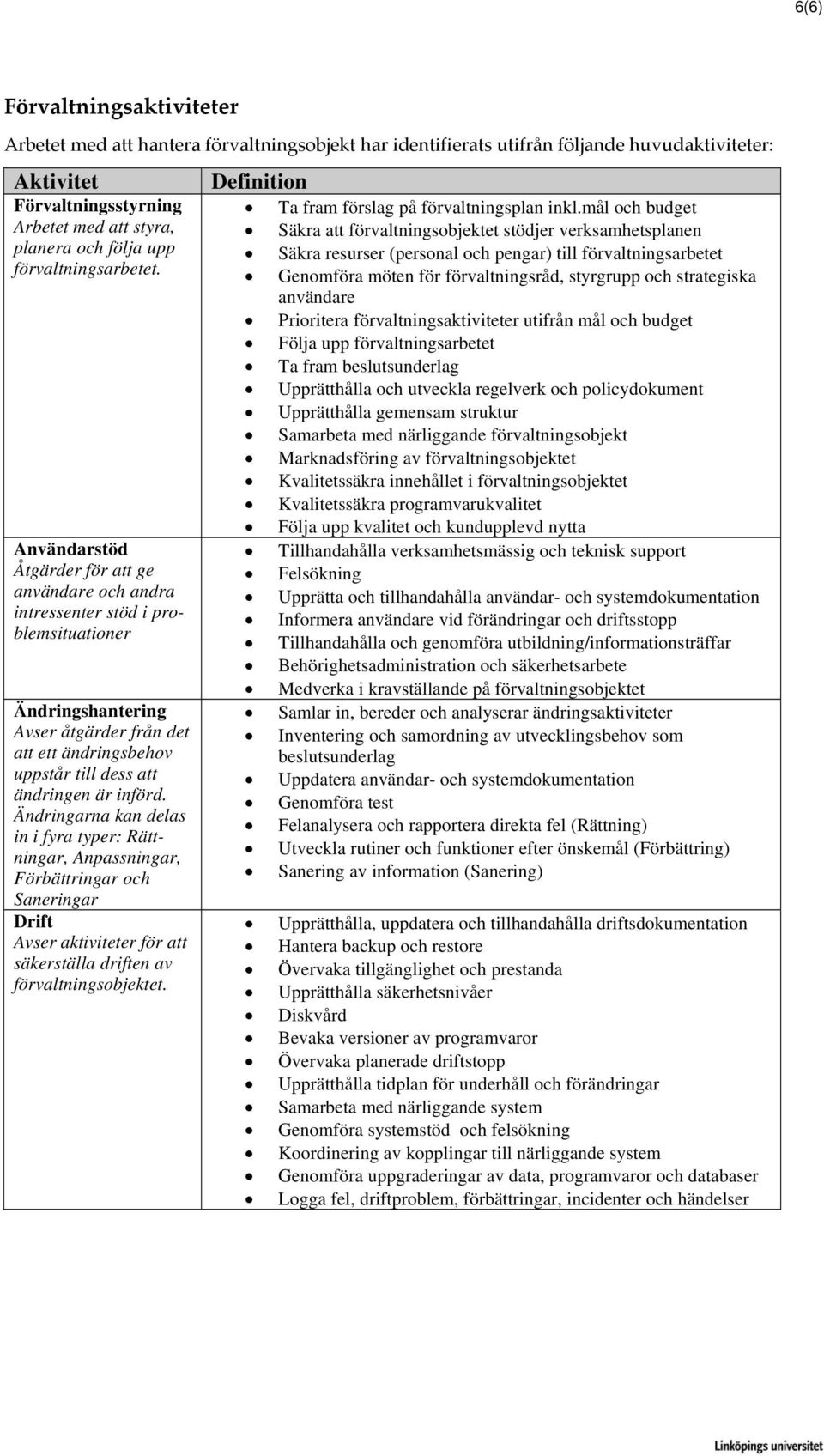 Användarstöd Åtgärder för att ge användare och andra intressenter stöd i problemsituationer Ändringshantering Avser åtgärder från det att ett ändringsbehov uppstår till dess att ändringen är införd.