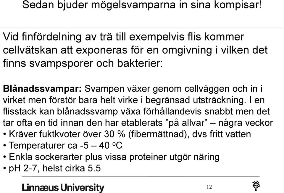 Blånadssvampar: Svampen växer genom cellväggen och in i virket men förstör bara helt virke i begränsad utsträckning.