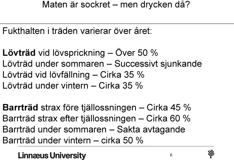 sommaren Successivt sjunkande Lövträd vid lövfällning Cirka 35 % Lövträd under vintern Cirka 35 %