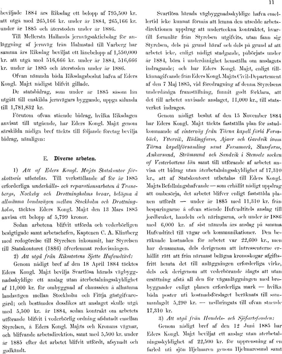 under är 1884, 516,066 kr. under ar 1885 oeh återstoden under ar 1886. Ofvan nämnda bada Riksdagsbeslut liafva af Eders Kongl. Maj:t nådigst blifvit gillade.