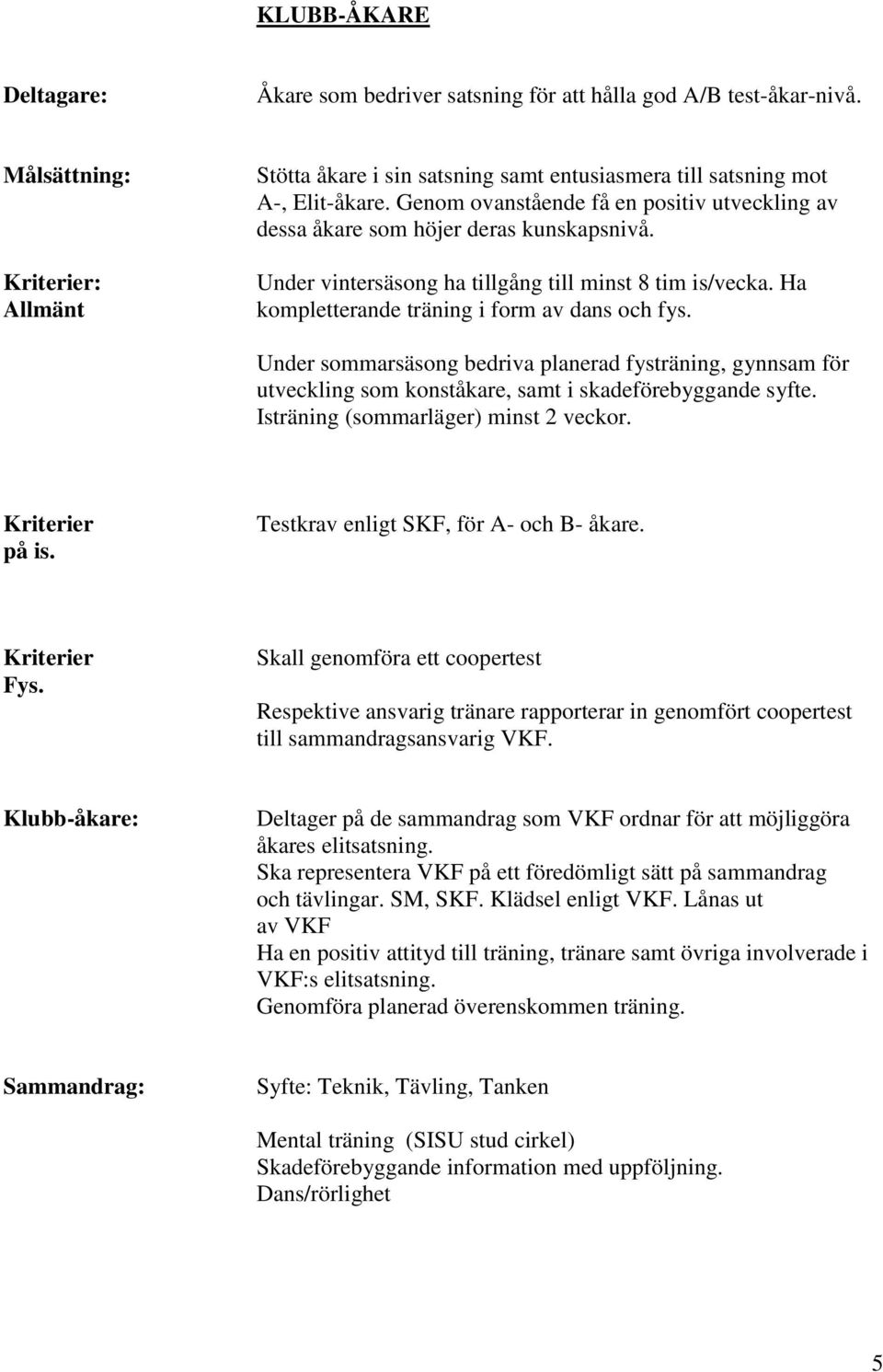 Under sommarsäsong bedriva planerad fysträning, gynnsam för utveckling som konståkare, samt i skadeförebyggande syfte. Isträning (sommarläger) minst 2 veckor. på is.