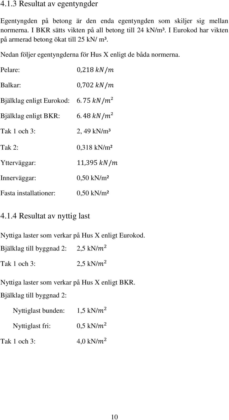 Pelare: Balkar: Bjälklag enligt Eurokod: 6 Bjälklag enligt BKR: 6 Tak 1 och 3: Tak 2: 2, 49 kn/m³ 0,318 kn/m² Ytterväggar: Innerväggar: Fasta installationer: 0,50 kn/m² 0,50 kn/m² 4.1.4 Resultat av nyttig last Nyttiga laster som verkar på Hus X enligt Eurokod.