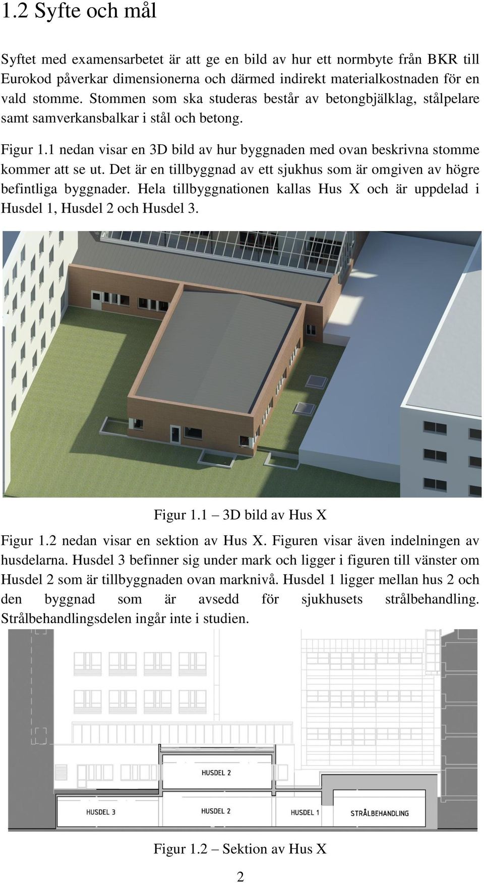 Det är en tillbyggnad av ett sjukhus som är omgiven av högre befintliga byggnader. Hela tillbyggnationen kallas Hus X och är uppdelad i Husdel 1, Husdel 2 och Husdel 3. Figur 1.