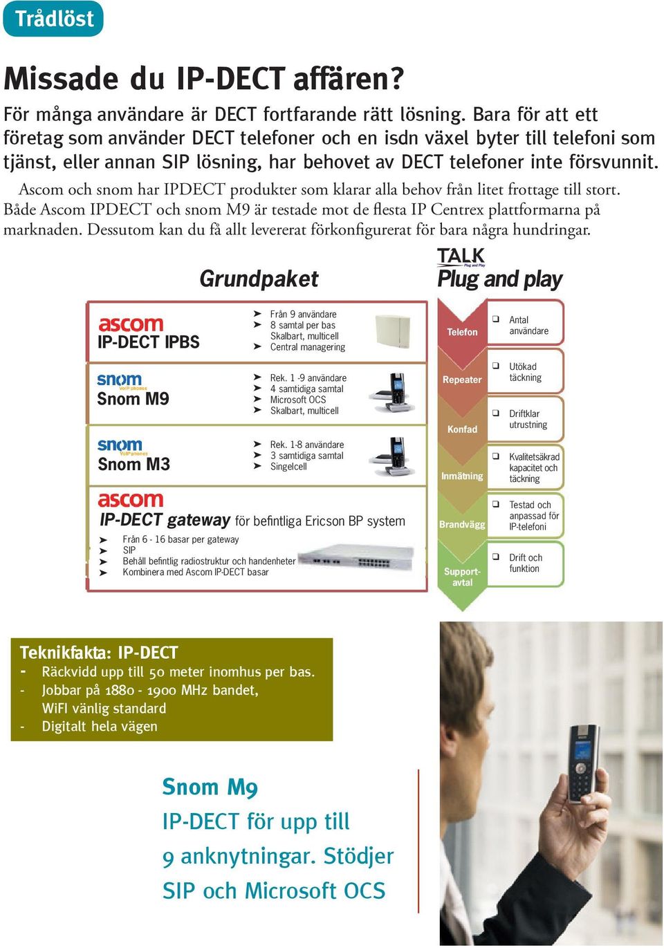 Ascom och snom har IPDECT produkter som klarar alla behov från litet frottage till stort. Både Ascom IPDECT och snom M9 är testade mot de flesta IP Centrex plattformarna på marknaden.