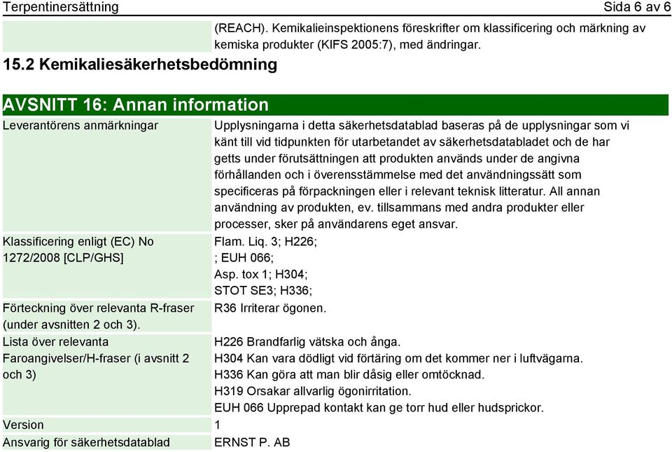 Lista över relevanta Faroangivelser/H-fraser (i avsnitt 2 och 3) Version 1 Ansvarig för säkerhetsdatablad ERNST P.