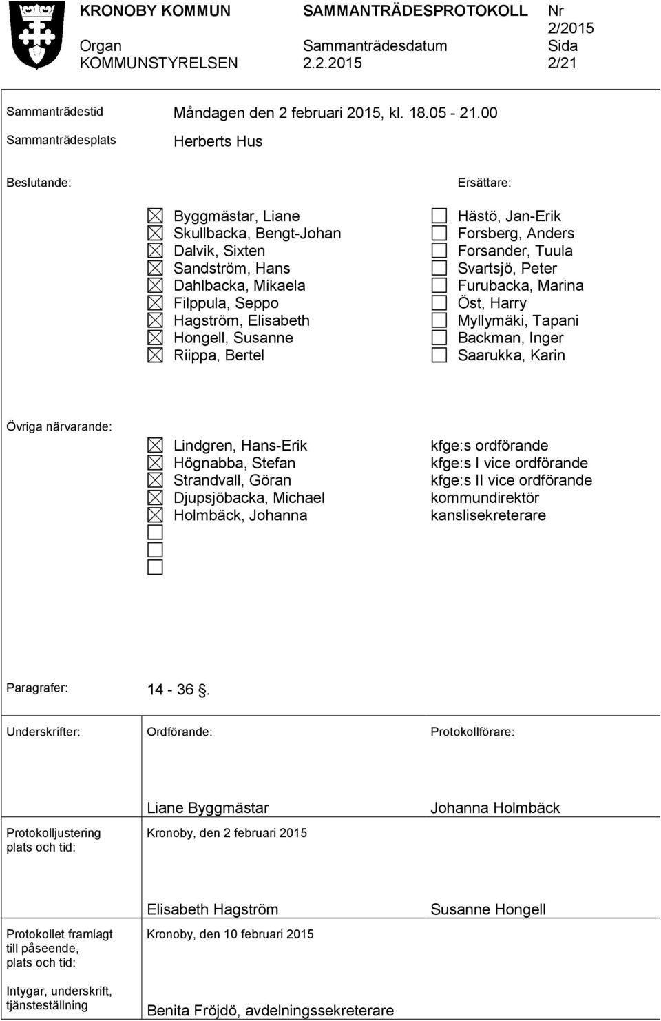 Susanne Riippa, Bertel Hästö, Jan-Erik Forsberg, Anders Forsander, Tuula Svartsjö, Peter Furubacka, Marina Öst, Harry Myllymäki, Tapani Backman, Inger Saarukka, Karin Övriga närvarande: Lindgren,