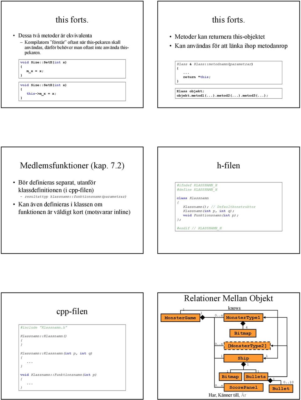 Metoder kan returnera this-objektet Kan användas för att länka ihop metodanrop Klass & Klass::metodnamn(parametrar) return *this; Klass objekt; objekt.metod1().metod2().