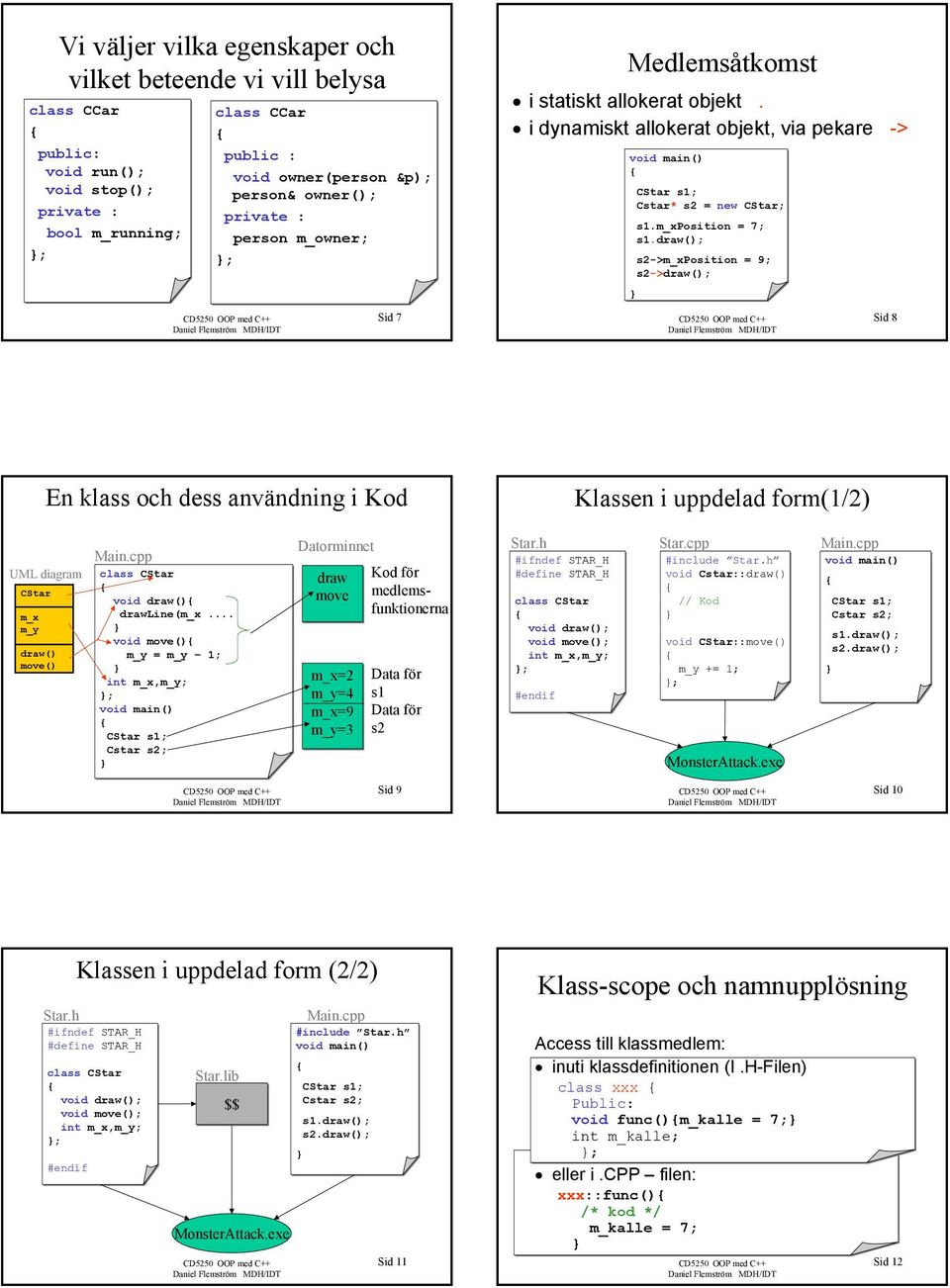 draw(); s2->m_xposition = 9; s2->draw(); Sid 8 En klass och dess användning i Kod Klassen i uppdelad form(1/2) UML diagram CStar m_x m_y draw() move() Main.cpp class CStar void draw() drawline(m_x.