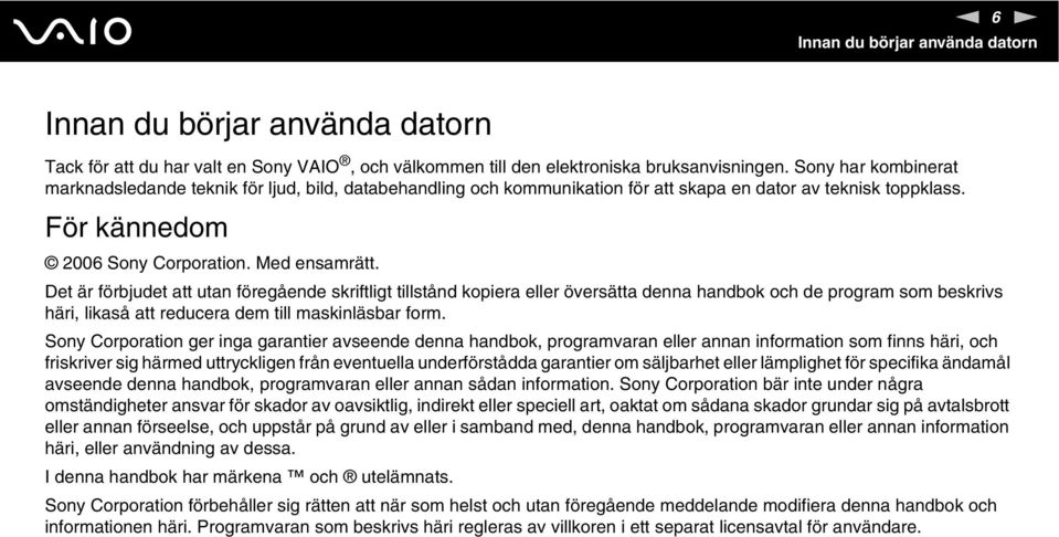 Det är förbjudet att utan föregående skriftligt tillstånd kopiera eller översätta denna handbok och de program som beskrivs häri, likaså att reducera dem till maskinläsbar form.