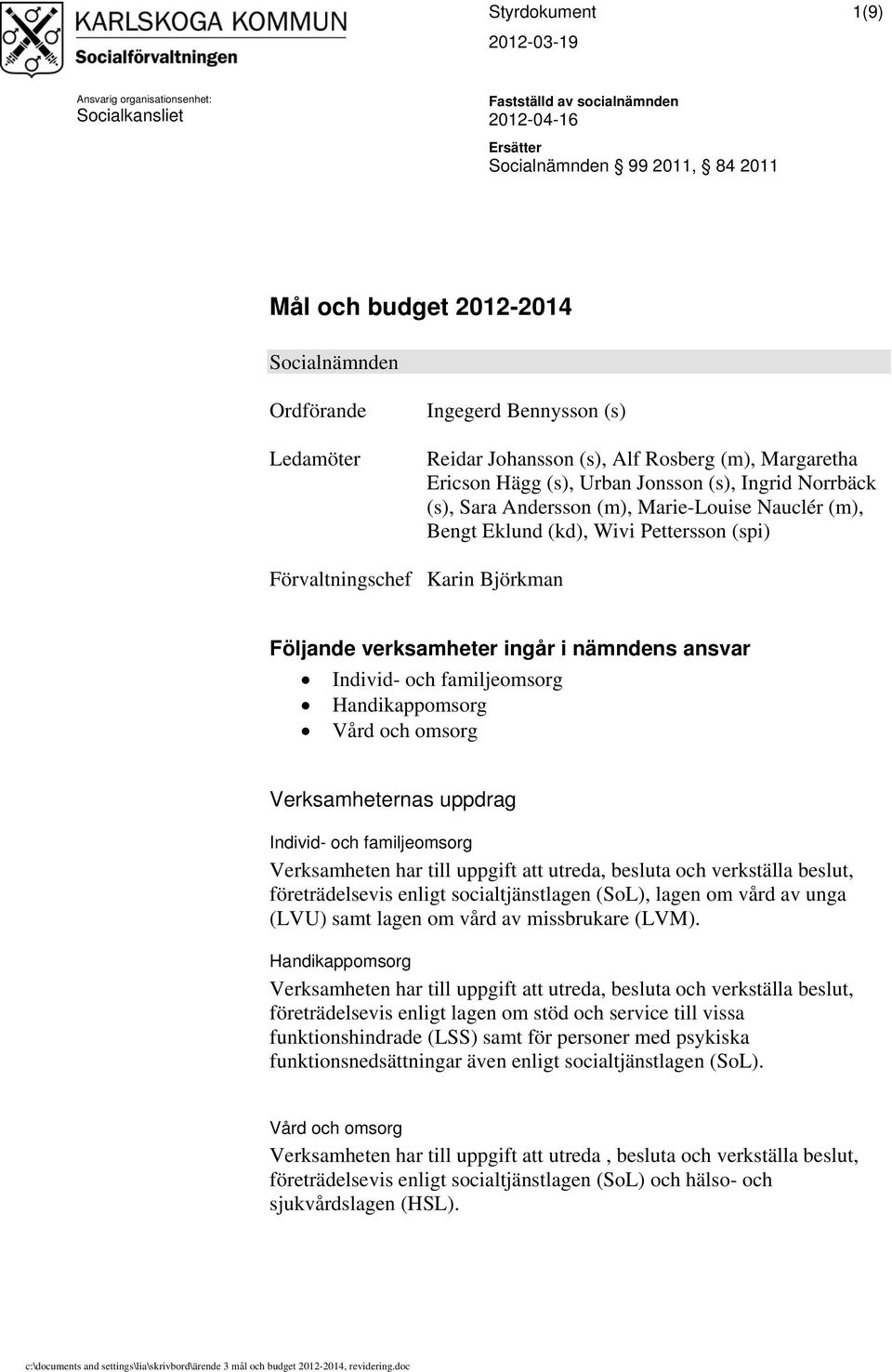 Pettersson (spi) Förvaltningschef Karin Björkman Följande verksamheter ingår i nämndens ansvar Individ- och familjeomsorg Handikappomsorg Vård och omsorg Verksamheternas uppdrag Individ- och