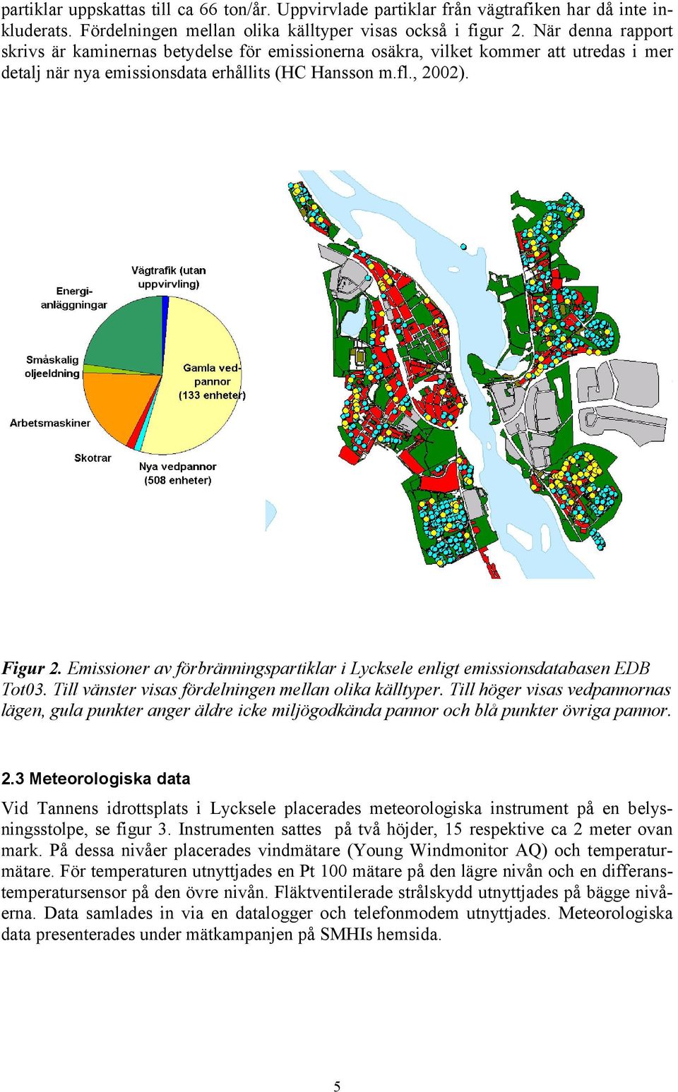 Emissioner av förbränningspartiklar i Lycksele enligt emissionsdatabasen EDB Tot3. Till vänster visas fördelningen mellan olika källtyper.