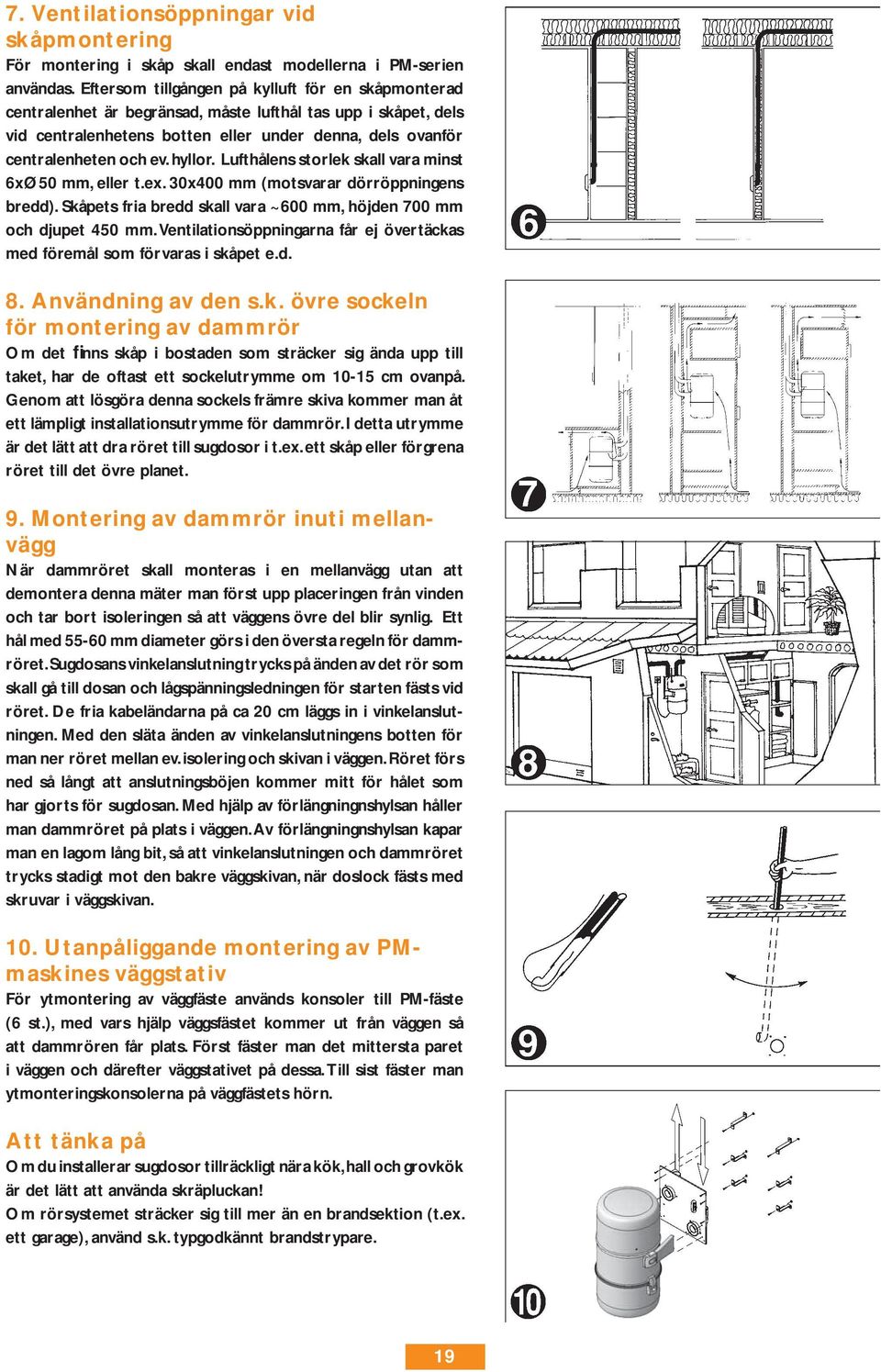 hyllor. Lufthålens storlek skall vara minst 6xØ50 mm, eller t.ex. 30x400 mm (motsvarar dörröppningens bredd). Skåpets fria bredd skall vara ~600 mm, höjden 700 mm och djupet 450 mm.