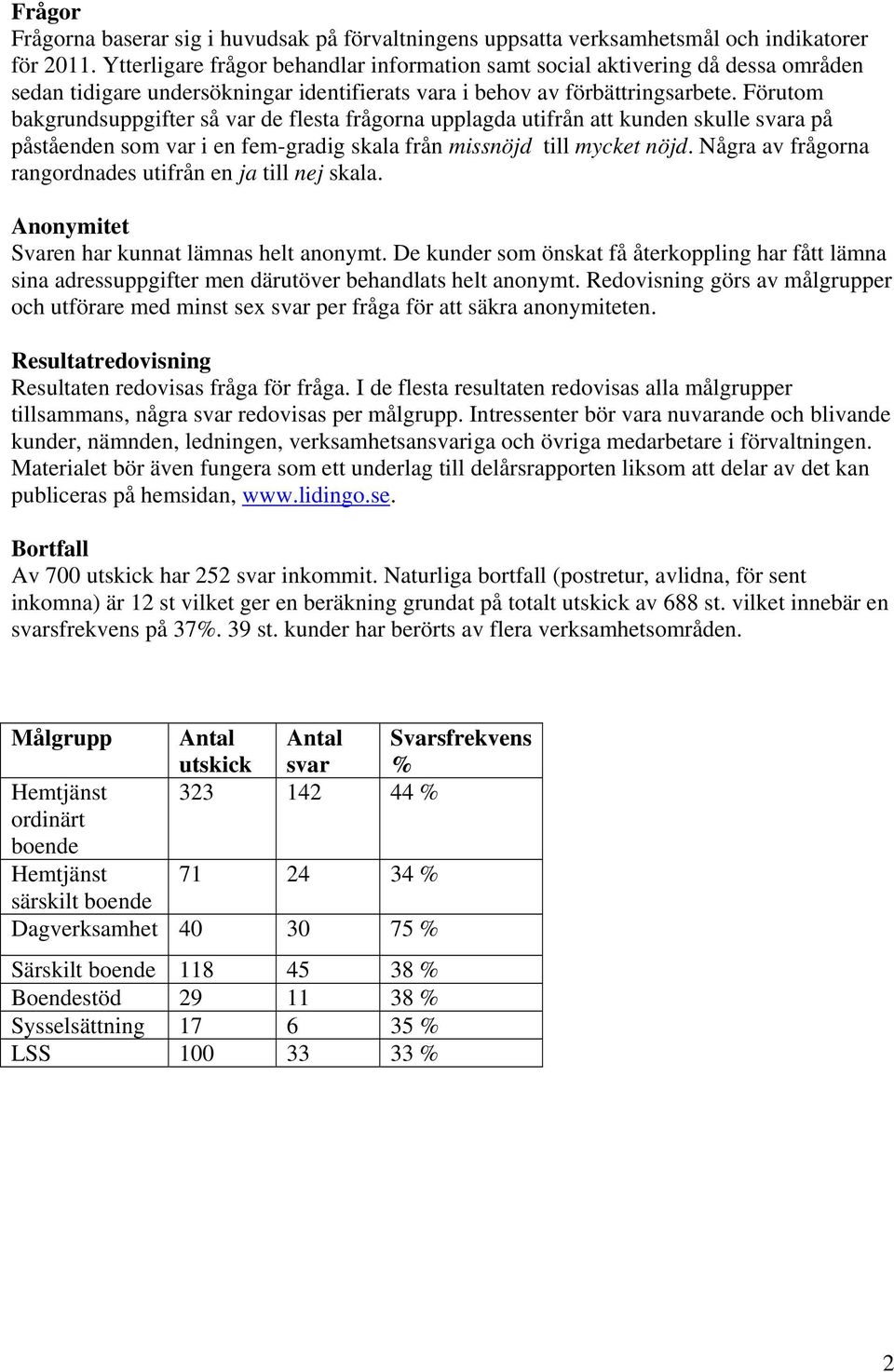 Förutom bakgrundsuppgifter så var de flesta frågorna upplagda utifrån att kunden skulle svara på påståenden som var i en fem-gradig skala från missnöjd till mycket nöjd.