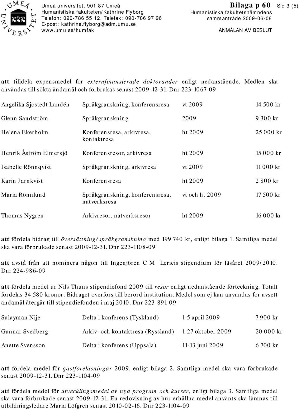 Medlen ska användas till sökta ändamål och förbrukas senast 2009-12-31.