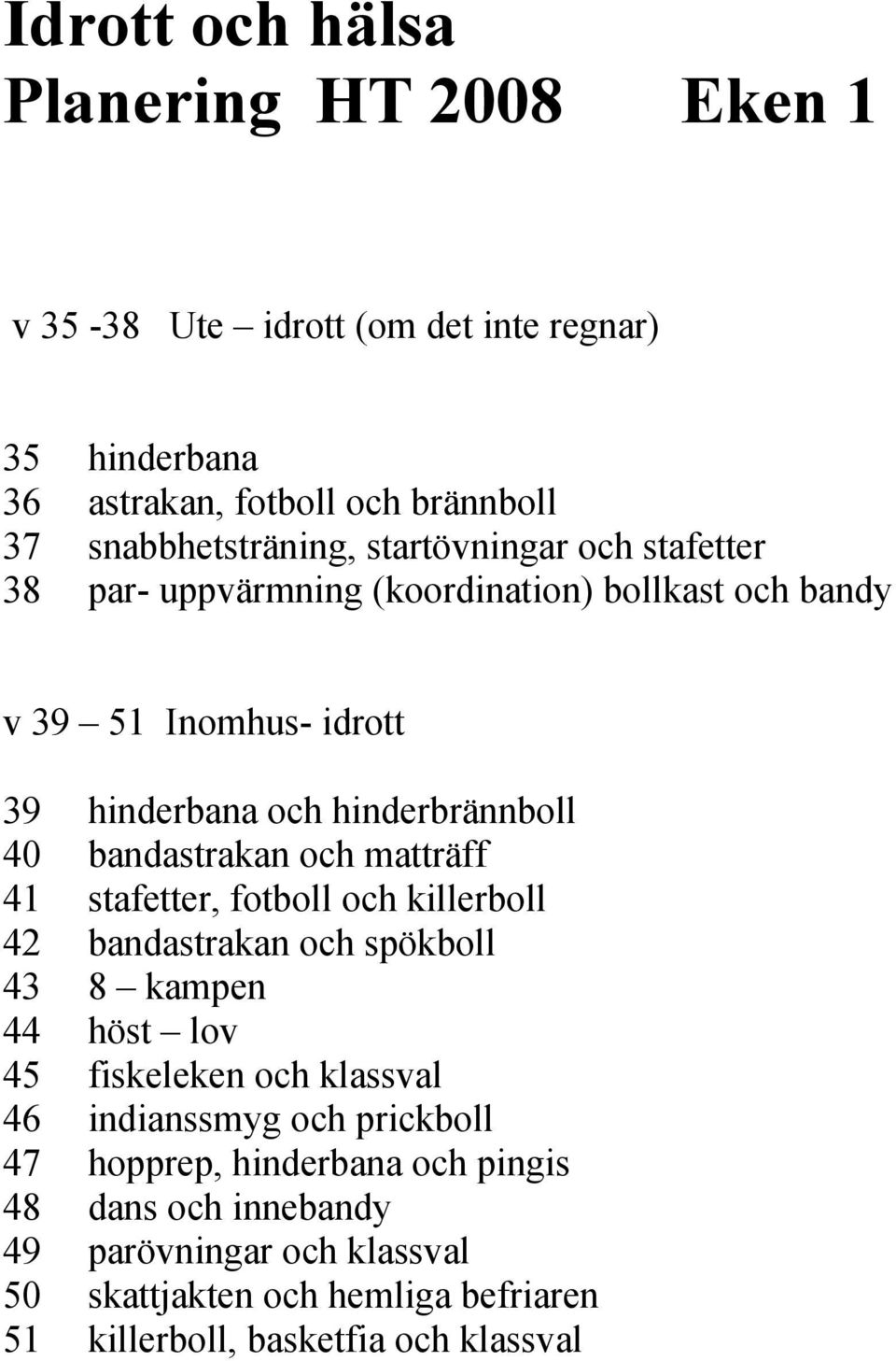 och matträff 41 stafetter, fotboll och killerboll 42 bandastrakan och spökboll 43 8 kampen 45 fiskeleken och klassval 46 indianssmyg