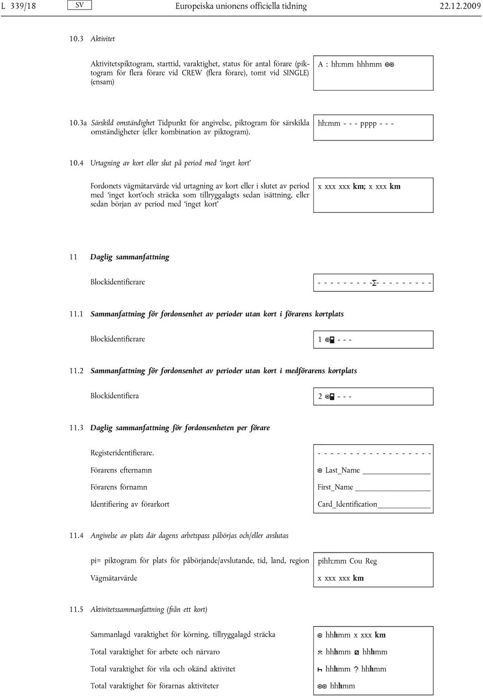 3a Särskild omständighet Tidpunkt för angivelse, piktogram för särskilda omständigheter (eller kombination av piktogram). hh:mm - - - pppp - - - 10.