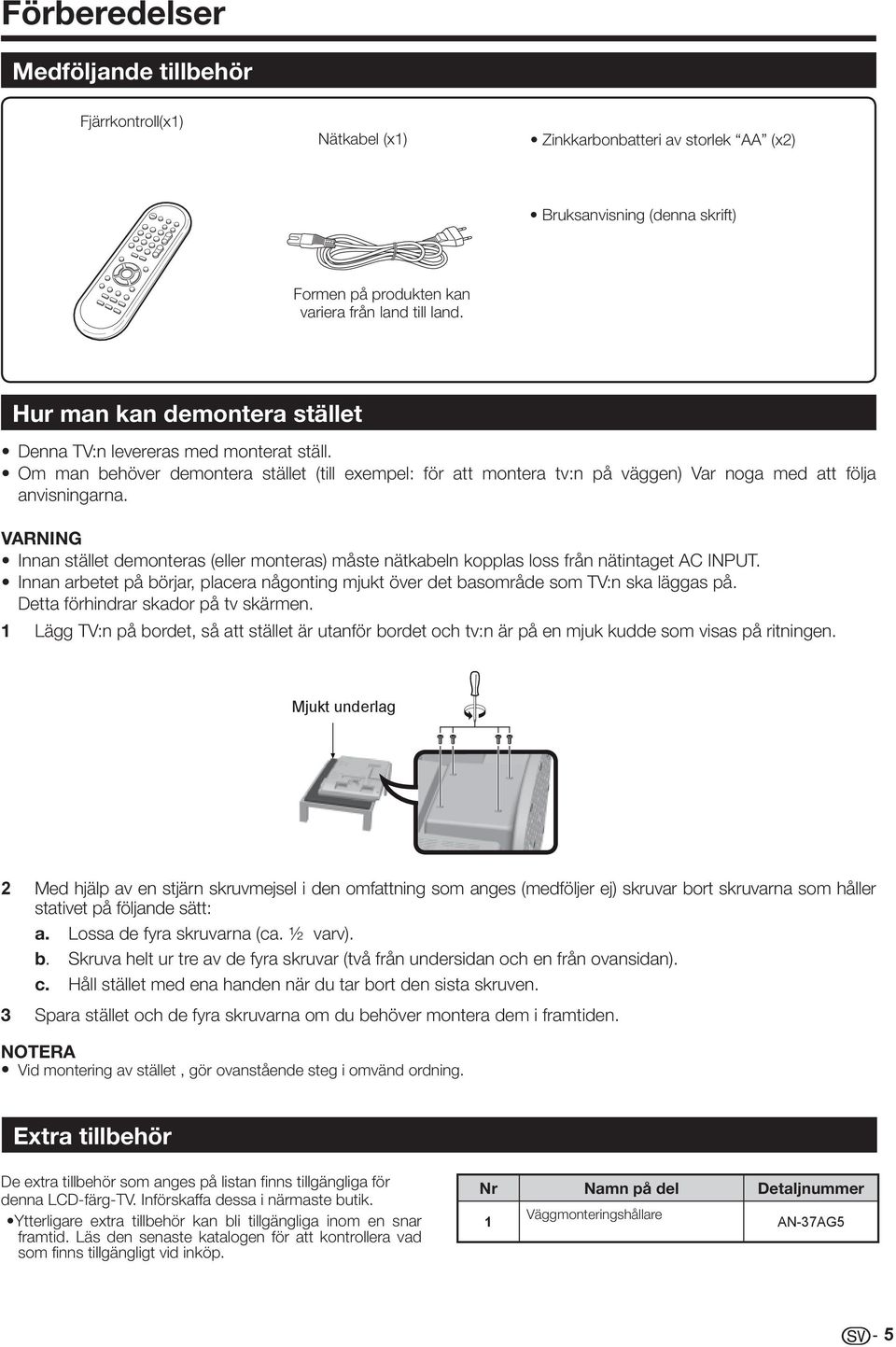 VARNING Innan stället demonteras (eller monteras) måste nätkabeln kopplas loss från nätintaget AC INPUT. Innan arbetet på börjar, placera någonting mjukt över det basområde som TV:n ska läggas på.