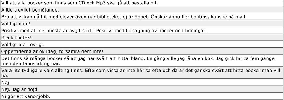 Väldigt bra i övrigt. Öppettiderna är ok idag, försämra dem inte! Det finns så många böcker så att jag har svårt att hitta ibland. En gång ville jag låna en bok.