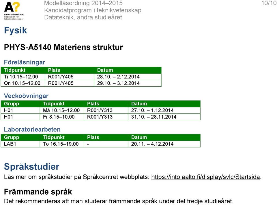 11.2014 Laboratoriearbeten LAB1 To 16.15 19.00-20.11. 4.12.