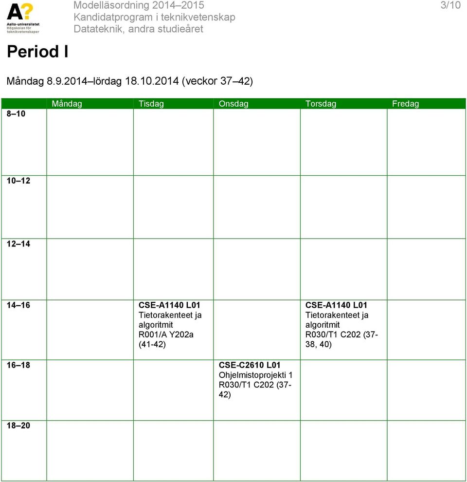 2014 (veckor 37 42) 8 10 Måndag Tisdag Onsdag Torsdag Fredag 10 12 12 14 14 16