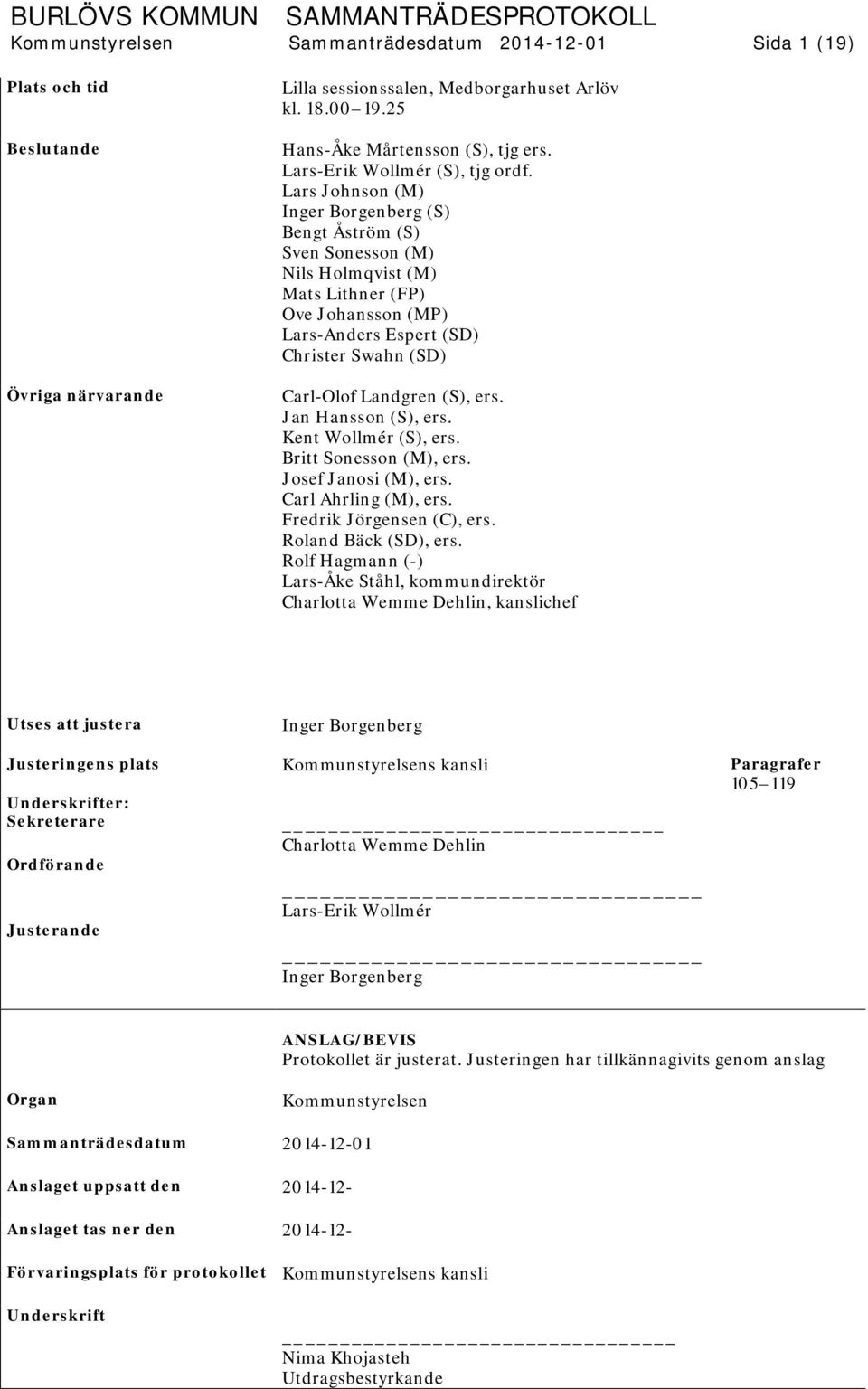 Lars Johnson (M) Inger Borgenberg (S) Bengt Åström (S) Sven Sonesson (M) Nils Holmqvist (M) Mats Lithner (FP) Ove Johansson (MP) Lars-Anders Espert (SD) Christer Swahn (SD) Carl-Olof Landgren (S),