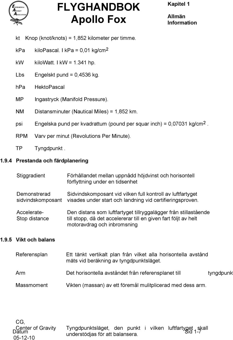 RPM Varv per minut (Revolutions Per Minute). TP Tyngdpunkt. 1.9.