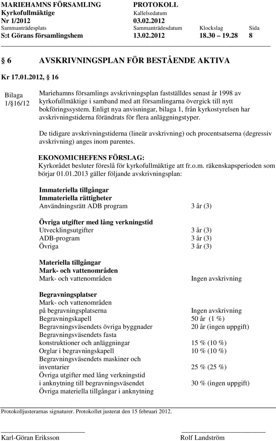 2012, 16 Bilaga 1/ 16/12 Mariehamns församlings avskrivningsplan fastställdes senast år 1998 av kyrkofullmäktige i samband med att församlingarna övergick till nytt bokföringssystem.
