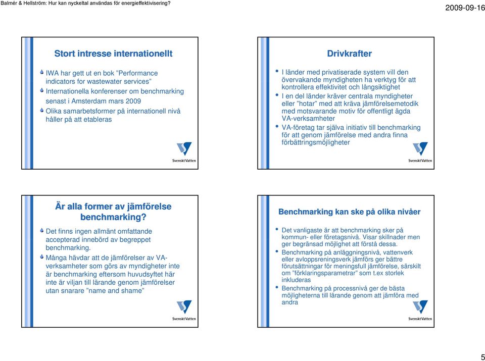 länder kräver centrala myndigheter eller hotar med att kräva jämförelsemetodik med motsvarande motiv för offentligt ägda VA-verksamheter VA-företag tar själva initiativ iti till benchmarking för att