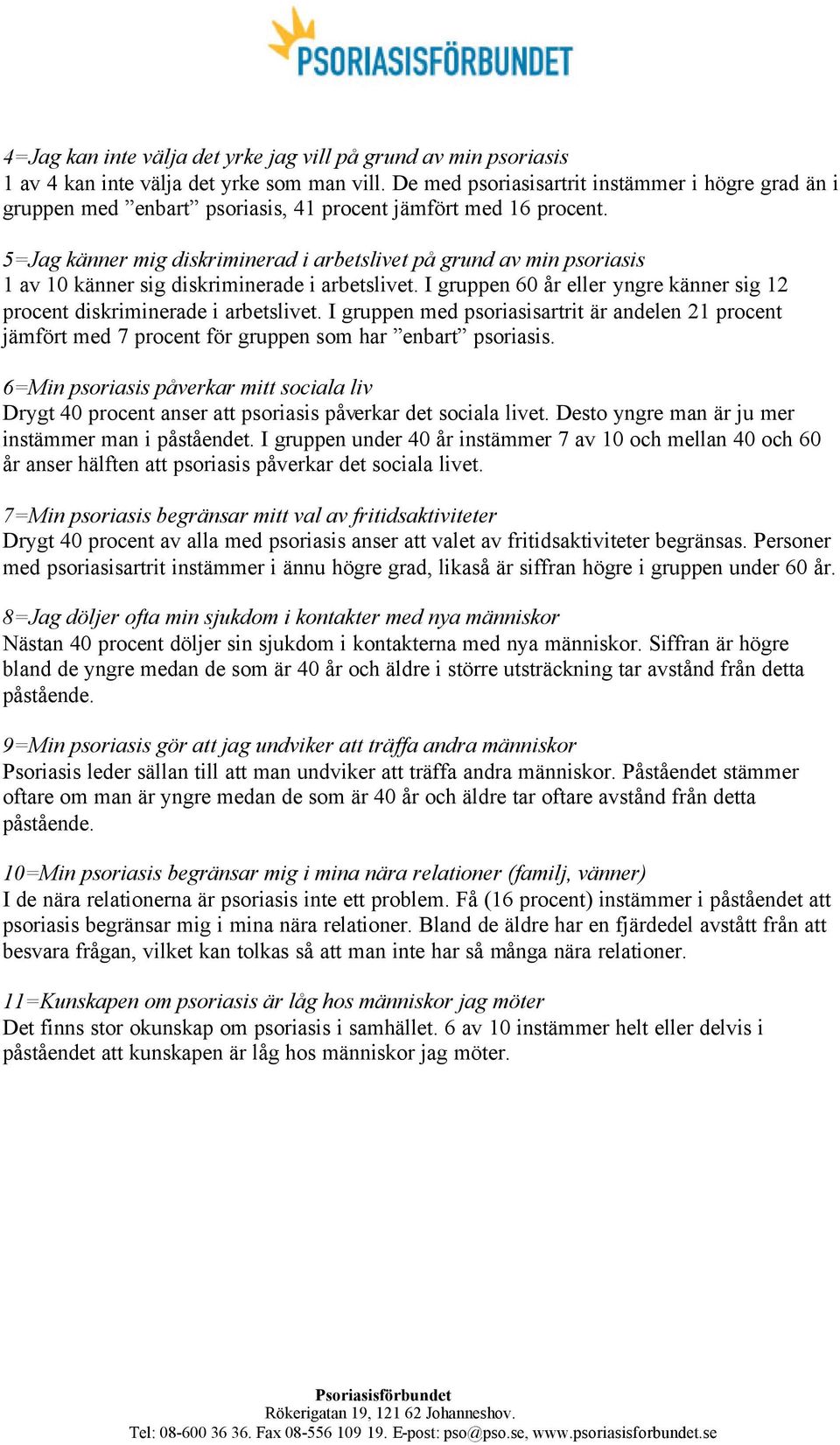 5=Jag känner mig diskriminerad i arbetslivet på grund av min psoriasis 1 av 10 känner sig diskriminerade i arbetslivet. I gruppen 60 år eller yngre känner sig 12 procent diskriminerade i arbetslivet.