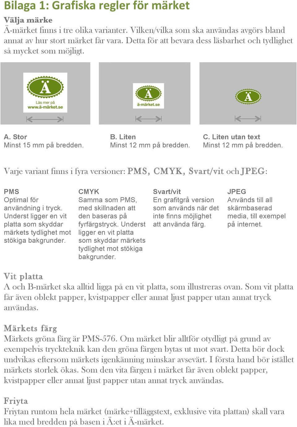 Varje variant finns i fyra versioner: PMS, CMYK, Svart/vit och JPEG: PMS Optimal för användning i tryck. Underst ligger en vit platta som skyddar märkets tydlighet mot stökiga bakgrunder.