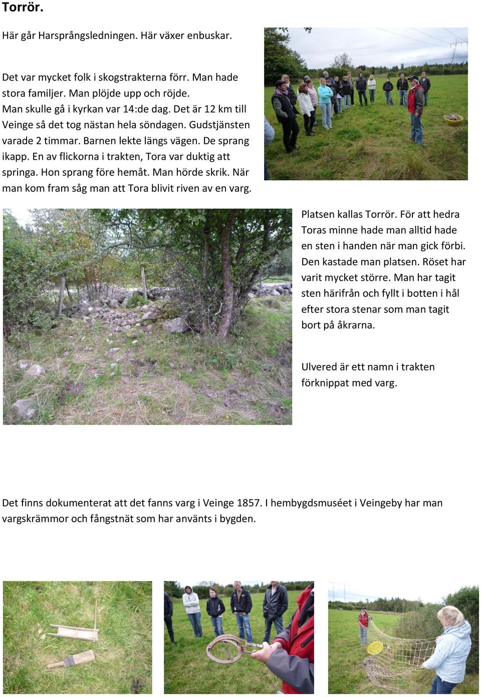 Hon sprang före hemåt. Man hörde skrik. När man kom fram såg man att Tora blivit riven av en varg. Platsen kallas Torrör.