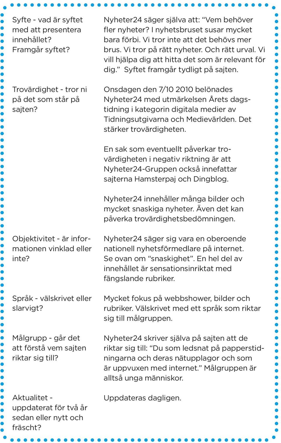 Syftet framgår tydligt på sajten. Onsdagen den 7/10 2010 belönades Nyheter24 med utmärkelsen Årets dagstidning i kategorin digitala medier av Tidningsutgivarna och Medievärlden.