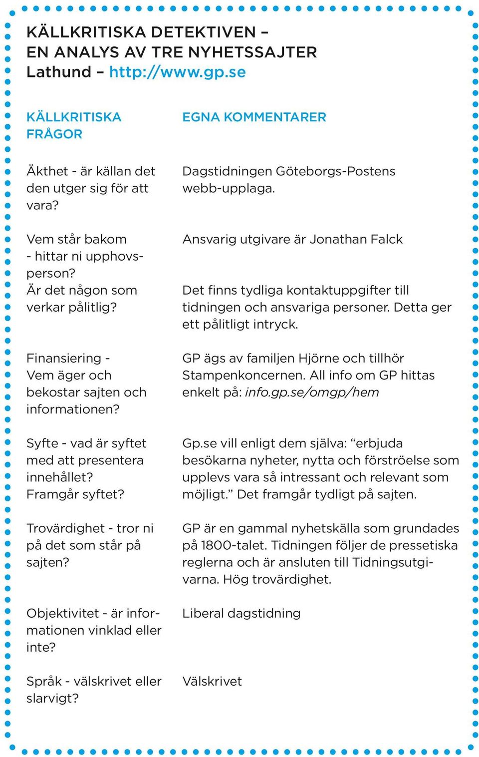Framgår syftet? Trovärdighet - tror ni på det som står på sajten? Objektivitet - är informationen vinklad eller inte? Språk - välskrivet eller slarvigt? Dagstidningen Göteborgs-Postens webb-upplaga.