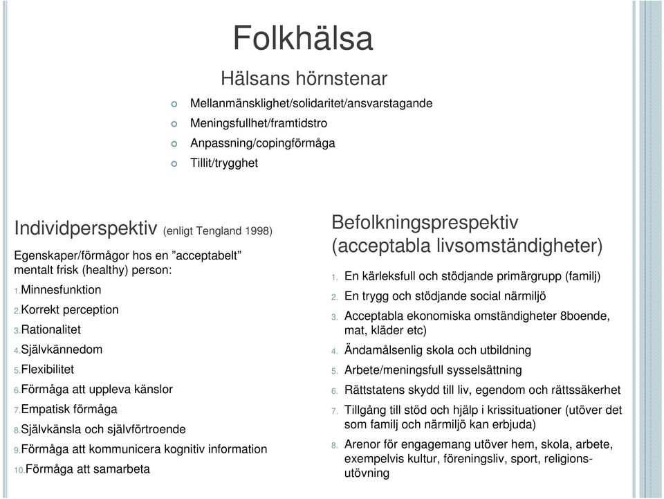 Empatisk förmåga 8.Självkänsla och självförtroende 9.Förmåga att kommunicera kognitiv information 10.Förmåga att samarbeta Befolkningsprespektiv (acceptabla livsomständigheter) 1.