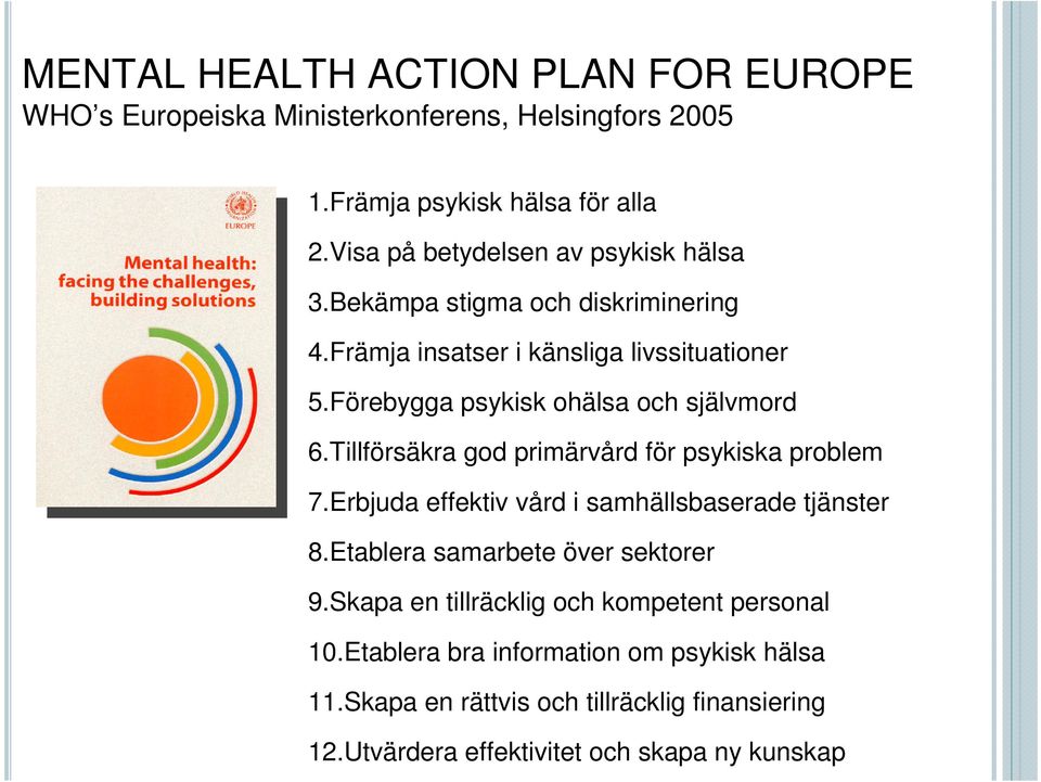 Förebygga psykisk ohälsa och självmord 6.Tillförsäkra god primärvård för psykiska problem 7.Erbjuda effektiv vård i samhällsbaserade tjänster 8.
