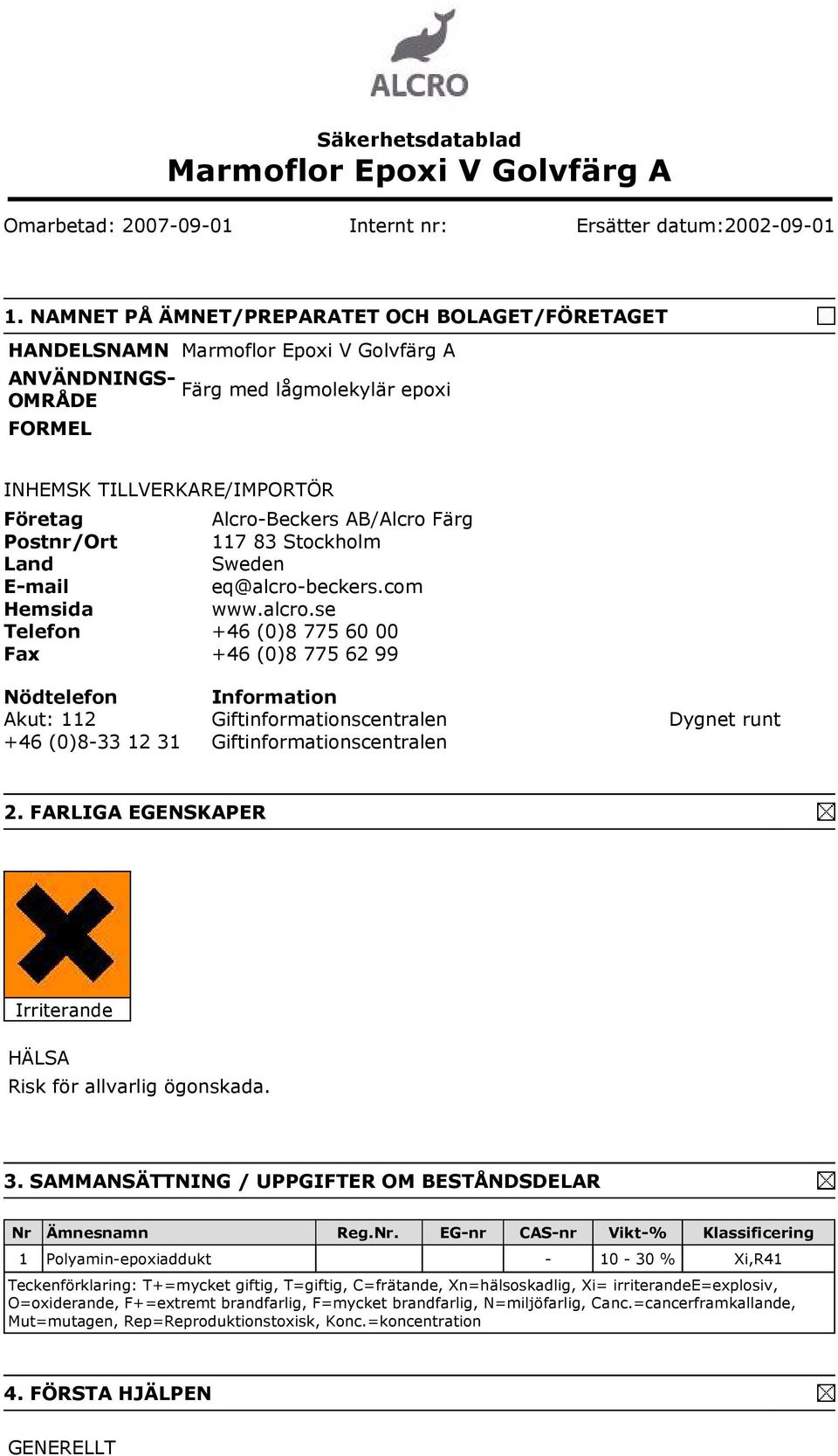 Säkerhetsdatablad Marmoflor Epoxi V Golvfärg A - PDF Gratis nedladdning