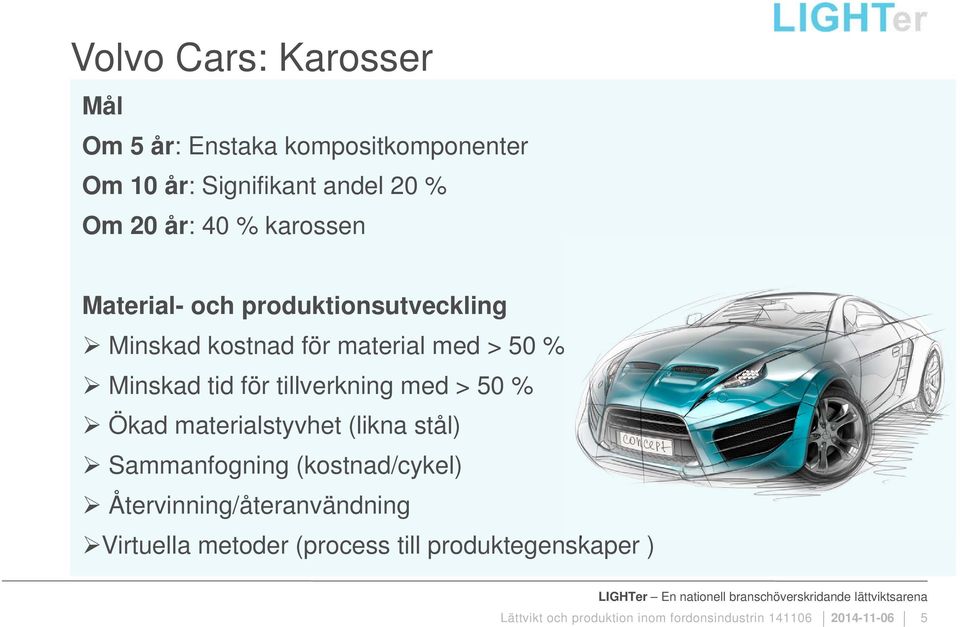 tillverkning med > 50 % Ökad materialstyvhet (likna stål) Sammanfogning (kostnad/cykel)