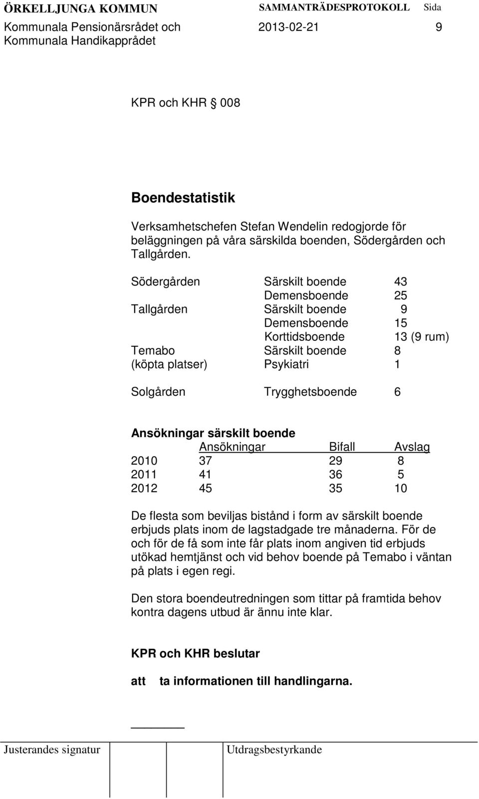 Ansökningar särskilt boende Ansökningar Bifall Avslag 2010 37 29 8 2011 41 36 5 2012 45 35 10 De flesta som beviljas bistånd i form av särskilt boende erbjuds plats inom de lagstadgade tre månaderna.